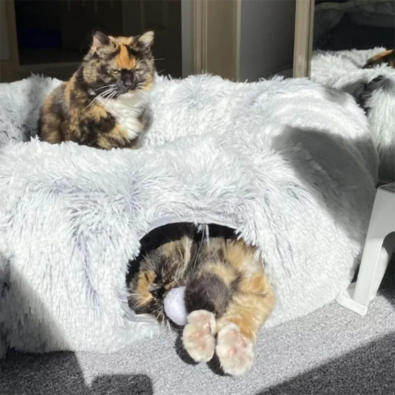 Plush Cat Bed with Tunnel for Indoor Cats