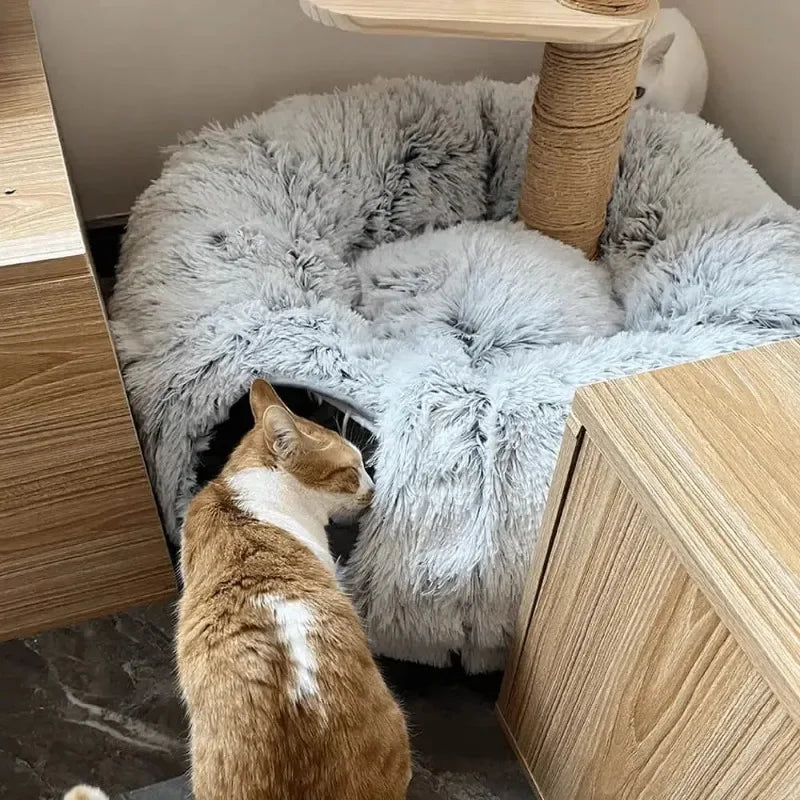 Plush Cat Bed with Tunnel for Indoor Cats