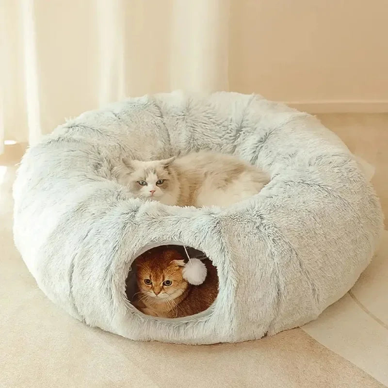 Plush Cat Bed with Tunnel for Indoor Cats